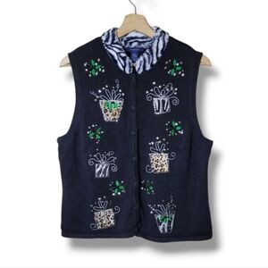 Westbound Whimsical Sweater Vest Zebra Print Faux Fur Collar Eclectic Novelty L